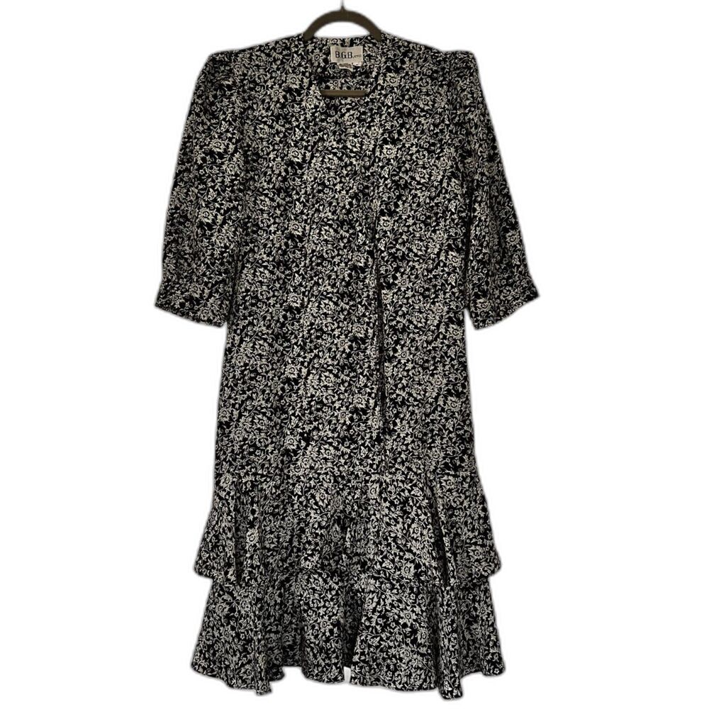 B.G.B. Petites 8P Black White Floral Ruffle Tiered Midi Dress Boho Vintage